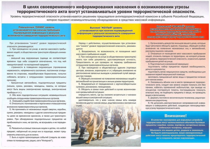 В целях своевременного информирования населения о возникновении угрозы террористического акта могут устанавливаться уровни террористической опасности. В целях своевременного информирования населения о возникновении угрозы террористического акта могут устанавливаться уровни террористической опасности.